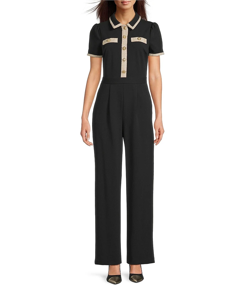 KARL LAGERFELD PARIS Scuba Crepe Short Sleeve Tweed Framing Wide Leg Jumpsuit