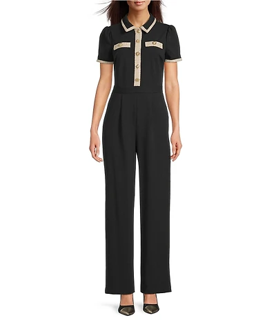 KARL LAGERFELD PARIS Scuba Crepe Short Sleeve Tweed Framing Wide Leg Jumpsuit