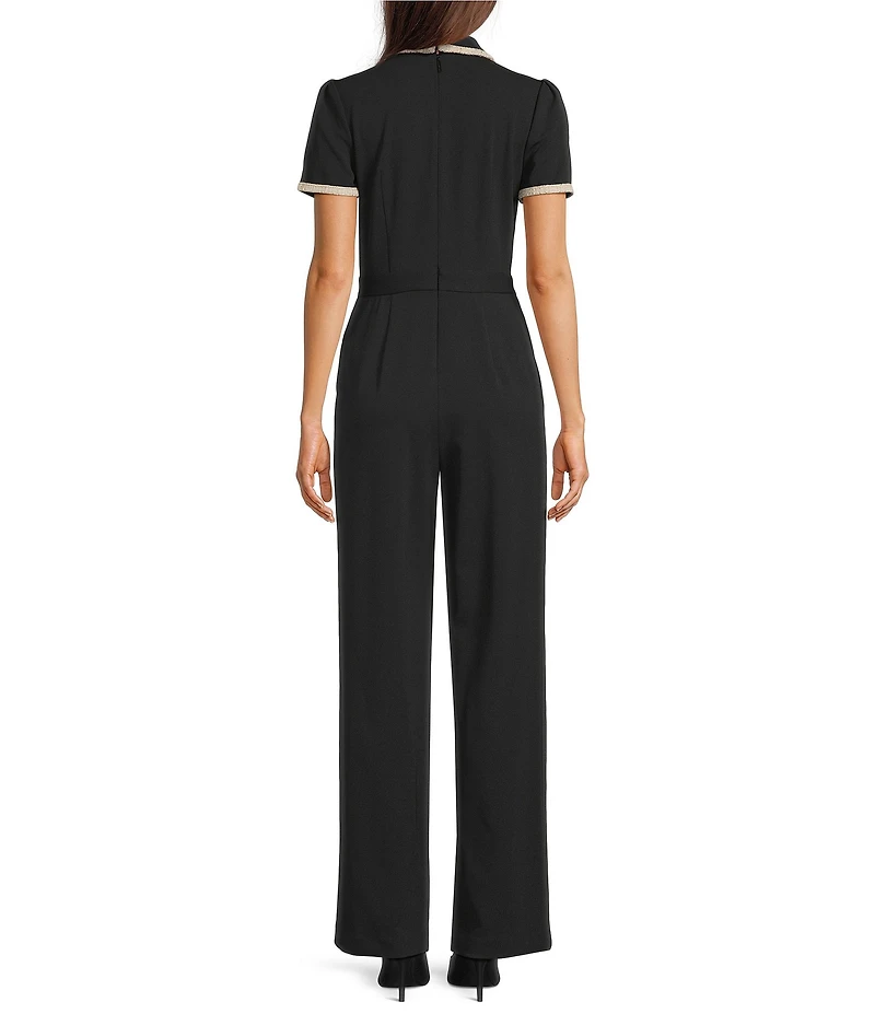 KARL LAGERFELD PARIS Scuba Crepe Short Sleeve Tweed Framing Wide Leg Jumpsuit