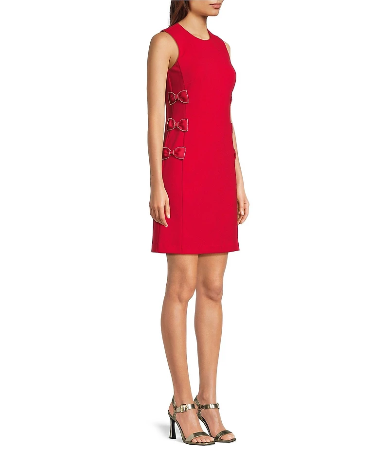 KARL LAGERFELD PARIS Scuba Crepe Sleeveless Rhinestone Bow Side Sheath Dress