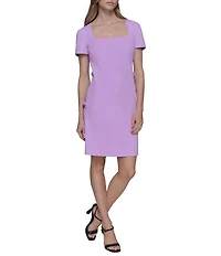 KARL LAGERFELD PARIS Scuba Crepe Square Neck Short Sleeve Bow Sheath Mini Dress