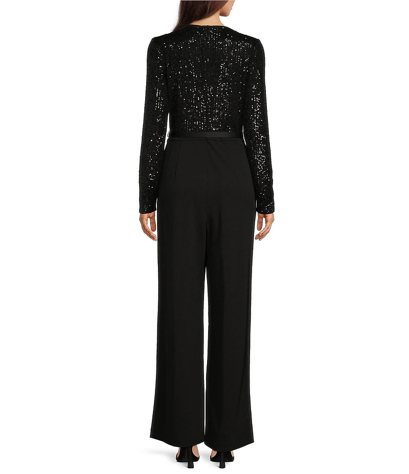 KARL LAGERFELD PARIS Scuba Crepe Waterfall Sequin Round Neck Long Sleeve Belted Wide Leg Jumpsuit