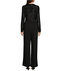 KARL LAGERFELD PARIS Scuba Crepe Waterfall Sequin Round Neck Long Sleeve Belted Wide Leg Jumpsuit