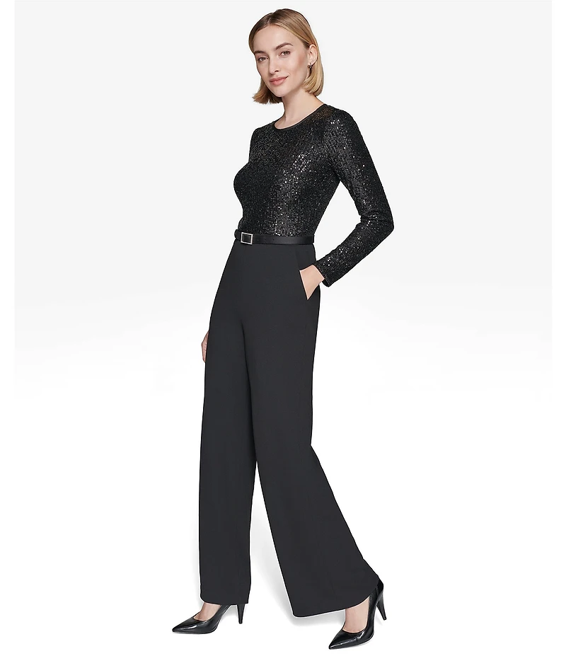 KARL LAGERFELD PARIS Scuba Crepe Waterfall Sequin Round Neck Long Sleeve Belted Wide Leg Jumpsuit
