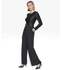 KARL LAGERFELD PARIS Scuba Crepe Waterfall Sequin Round Neck Long Sleeve Belted Wide Leg Jumpsuit