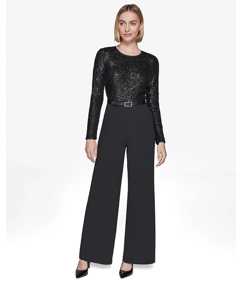 KARL LAGERFELD PARIS Scuba Crepe Waterfall Sequin Round Neck Long Sleeve Belted Wide Leg Jumpsuit
