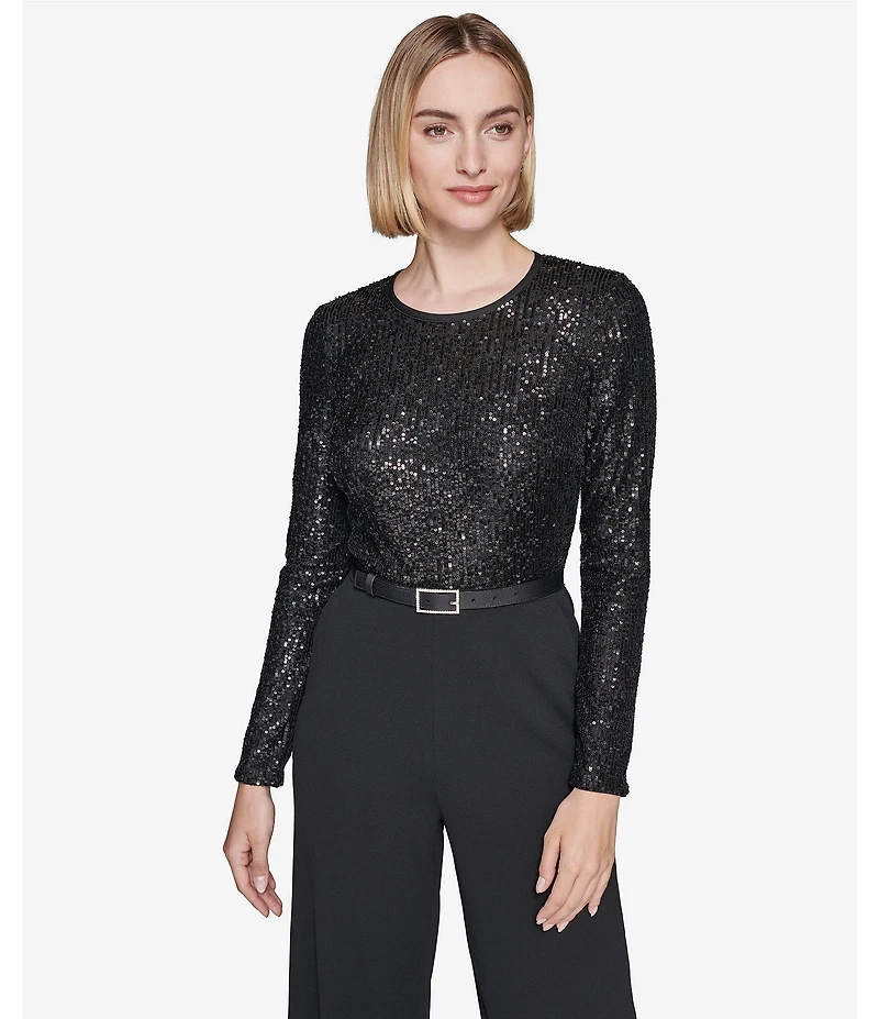 KARL LAGERFELD PARIS Scuba Crepe Waterfall Sequin Round Neck Long Sleeve Belted Wide Leg Jumpsuit