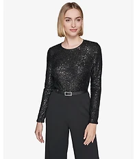 KARL LAGERFELD PARIS Scuba Crepe Waterfall Sequin Round Neck Long Sleeve Belted Wide Leg Jumpsuit