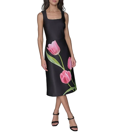 KARL LAGERFELD PARIS Scuba Tulip Print Square Neck Sleeveless Shift Midi Dress
