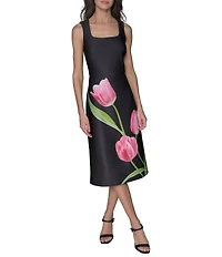 KARL LAGERFELD PARIS Scuba Tulip Print Square Neck Sleeveless Shift Midi Dress