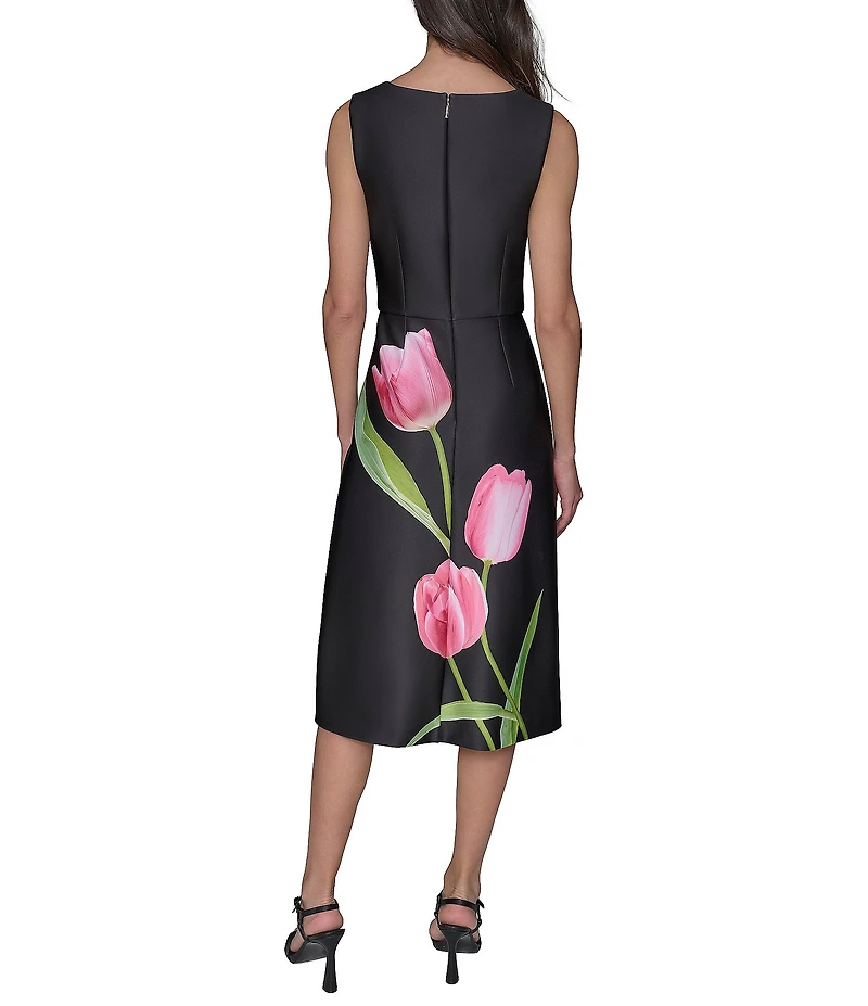 KARL LAGERFELD PARIS Scuba Tulip Print Square Neck Sleeveless Shift Midi Dress