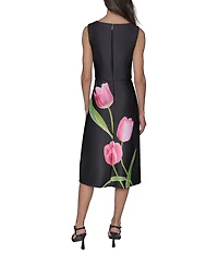 KARL LAGERFELD PARIS Scuba Tulip Print Square Neck Sleeveless Shift Midi Dress