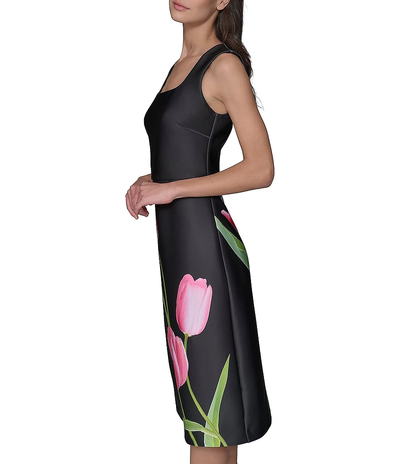 KARL LAGERFELD PARIS Scuba Tulip Print Square Neck Sleeveless Shift Midi Dress