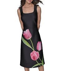 KARL LAGERFELD PARIS Scuba Tulip Print Square Neck Sleeveless Shift Midi Dress