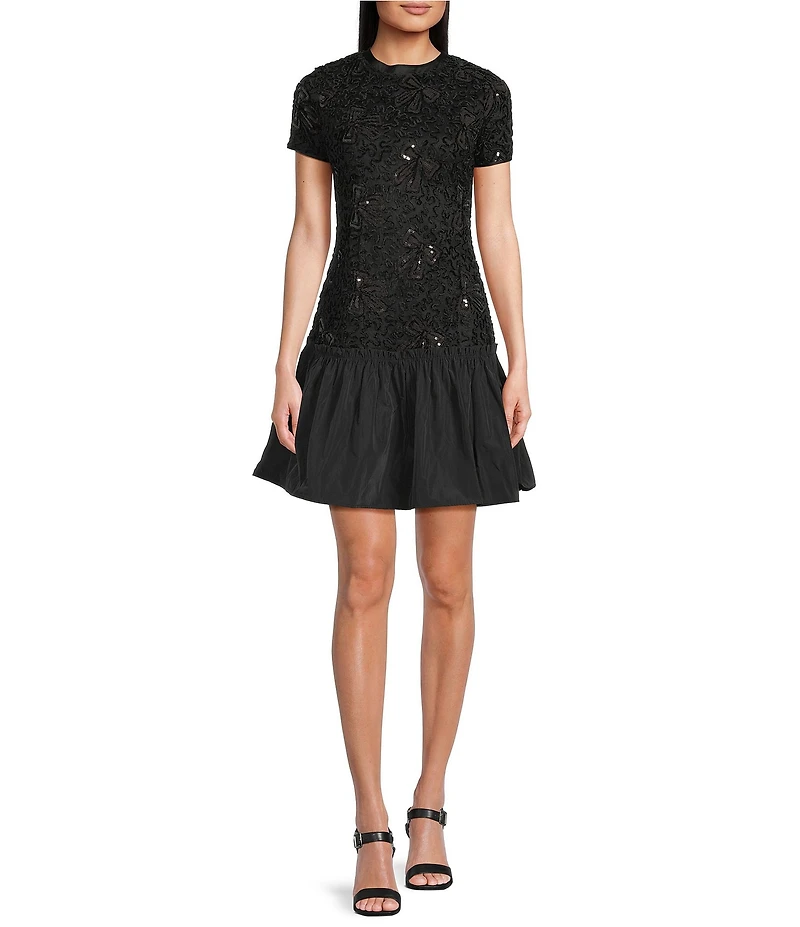KARL LAGERFELD PARIS Sequin Bow Print Chenille Mesh Crew Neck Short Sleeve Taffeta Hem A-Line Dress