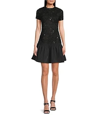 KARL LAGERFELD PARIS Sequin Bow Print Chenille Mesh Crew Neck Short Sleeve Taffeta Hem A-Line Dress