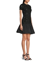 KARL LAGERFELD PARIS Sequin Bow Print Chenille Mesh Crew Neck Short Sleeve Taffeta Hem A-Line Dress