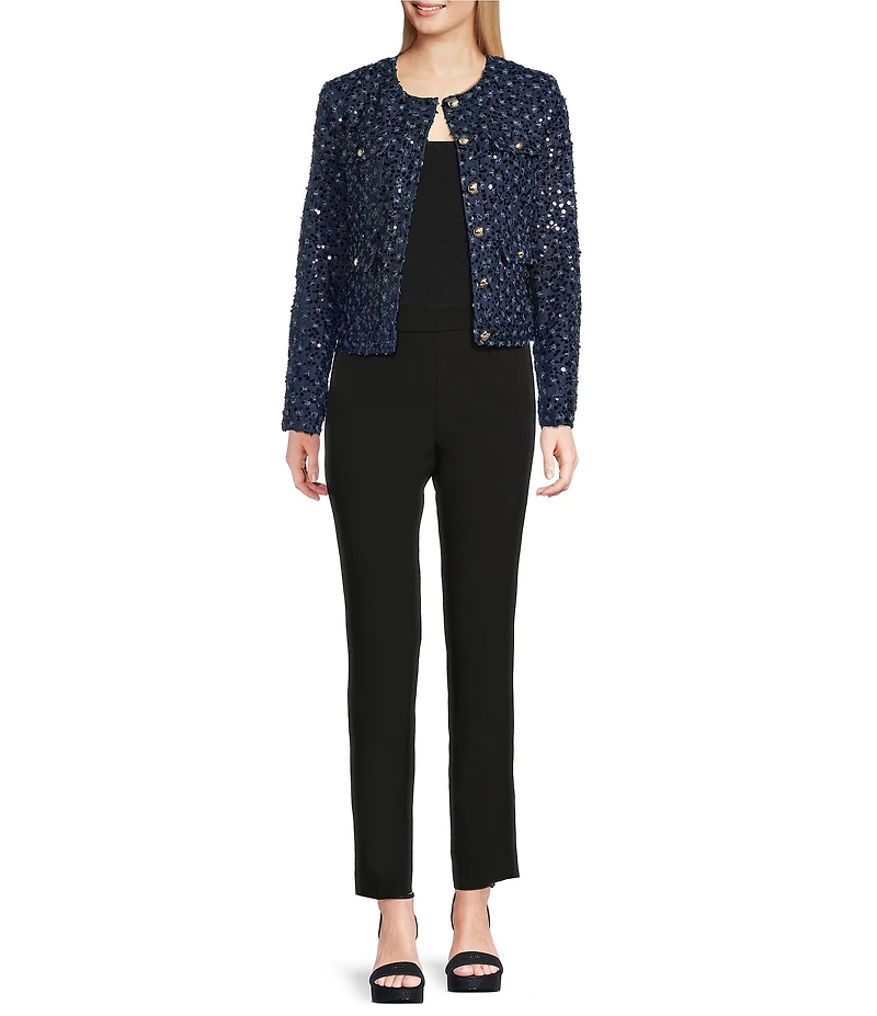 KARL LAGERFELD PARIS Sequin Denim Collarless Long Sleeve Cropped Jacket