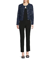 KARL LAGERFELD PARIS Sequin Denim Collarless Long Sleeve Cropped Jacket