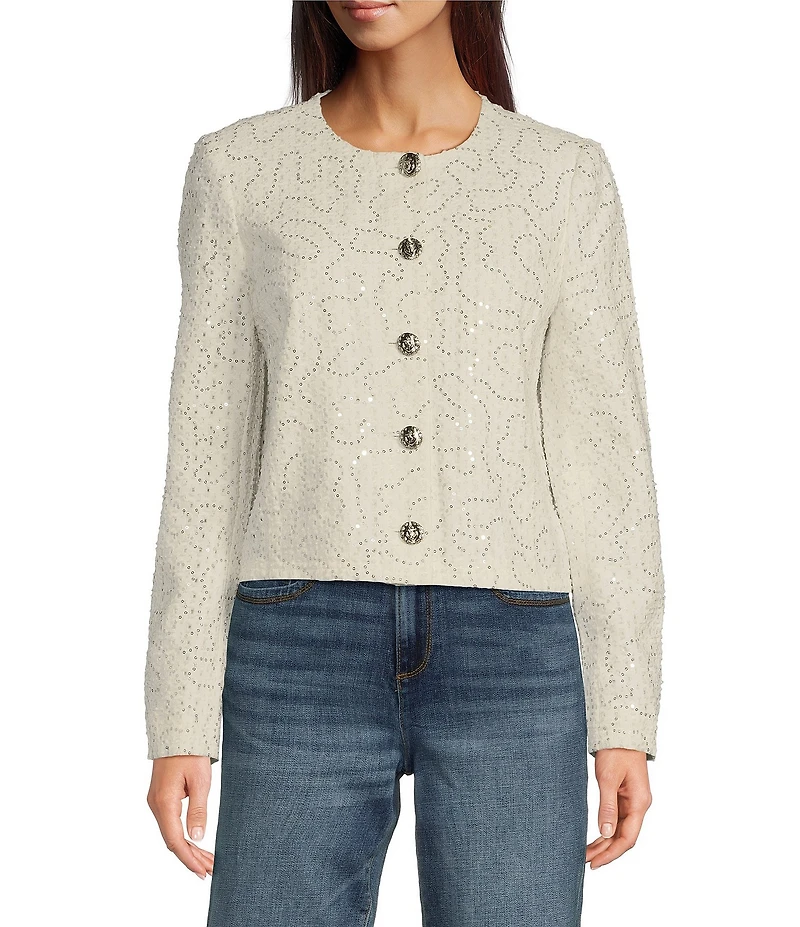 KARL LAGERFELD PARIS Sequin Round Neck Long Sleeve Button Front Jacket