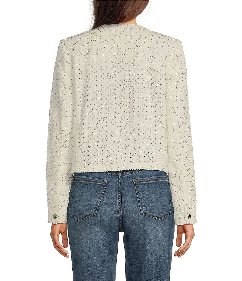 KARL LAGERFELD PARIS Sequin Round Neck Long Sleeve Button Front Jacket