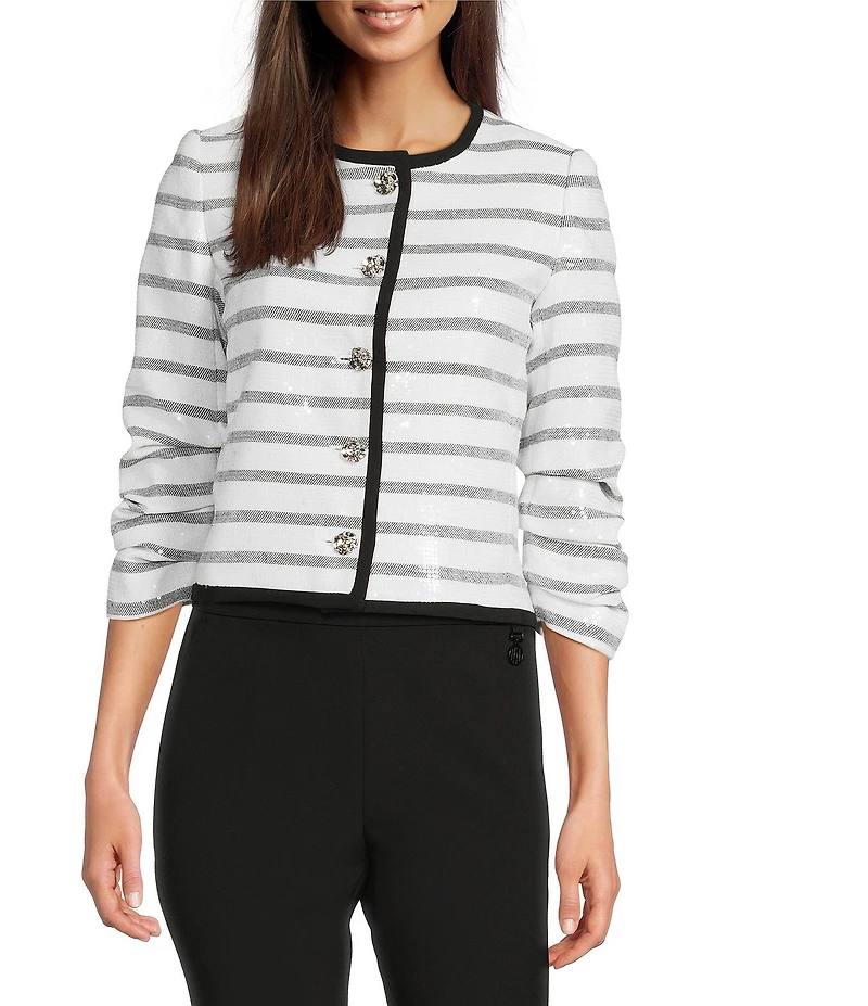 KARL LAGERFELD PARIS Sequin Stripe Round Neck Long Sleeve Jacket