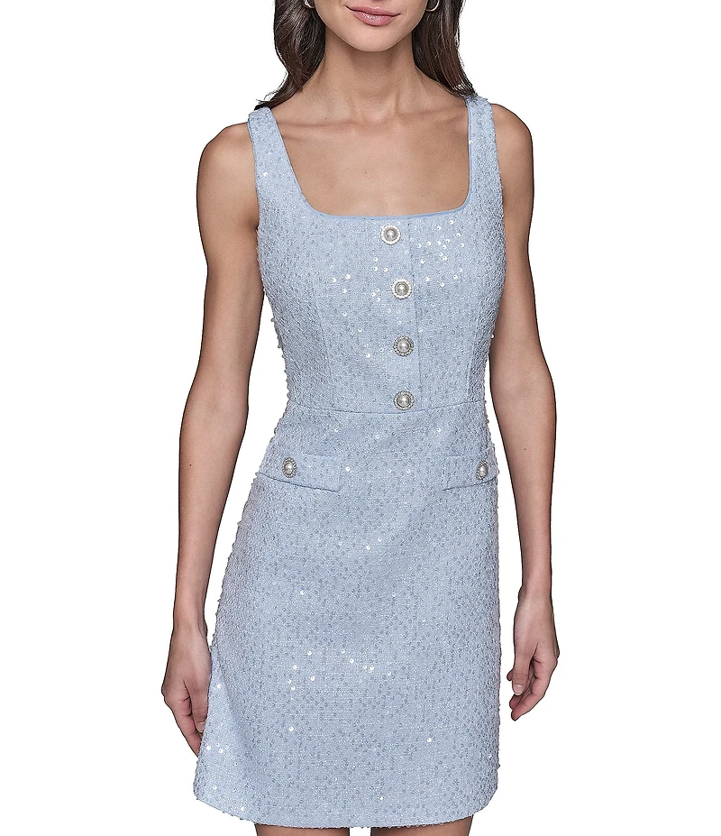 KARL LAGERFELD PARIS Sequin Tweed Scoop Neck Sleeveless Sheath Mini Dress