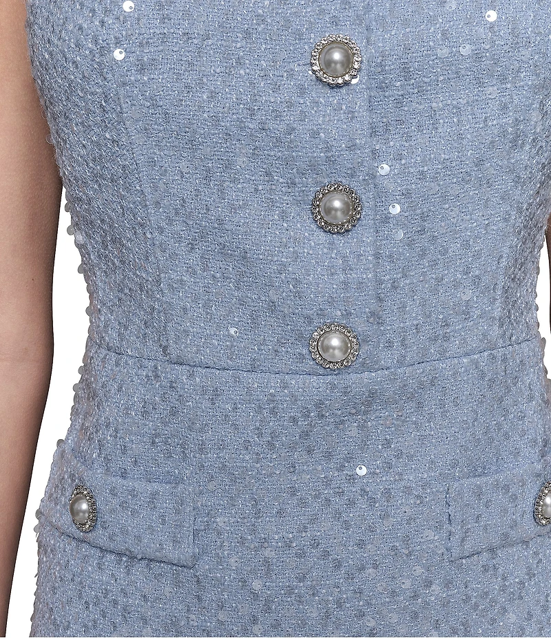 KARL LAGERFELD PARIS Sequin Tweed Scoop Neck Sleeveless Sheath Mini Dress