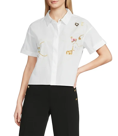 KARL LAGERFELD PARIS Sewing Theme Woven Poplin Point Collar Short Sleeve Shirt