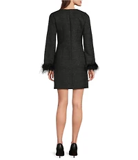 KARL LAGERFELD PARIS Shimmer Tweed Rhinestone V-Neck Feather Trim Long Sleeve Shift Dress