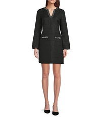 KARL LAGERFELD PARIS Shimmer Tweed Rhinestone V-Neck Feather Trim Long Sleeve Shift Dress