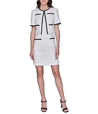 KARL LAGERFELD PARIS Short Sleeve Crew Neck Contrast Trim Faux Tweed Jacket