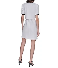 KARL LAGERFELD PARIS Short Sleeve Crew Neck Contrast Trim Faux Tweed Jacket