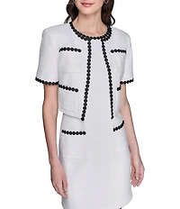 KARL LAGERFELD PARIS Short Sleeve Crew Neck Contrast Trim Faux Tweed Jacket