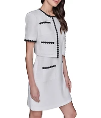 KARL LAGERFELD PARIS Short Sleeve Crew Neck Contrast Trim Faux Tweed Jacket