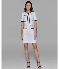 KARL LAGERFELD PARIS Short Sleeve Crew Neck Contrast Trim Faux Tweed Jacket