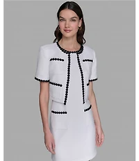 KARL LAGERFELD PARIS Short Sleeve Crew Neck Contrast Trim Faux Tweed Jacket