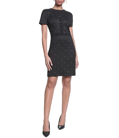 KARL LAGERFELD PARIS Short Sleeve Crew Neck Polka Dot Dress