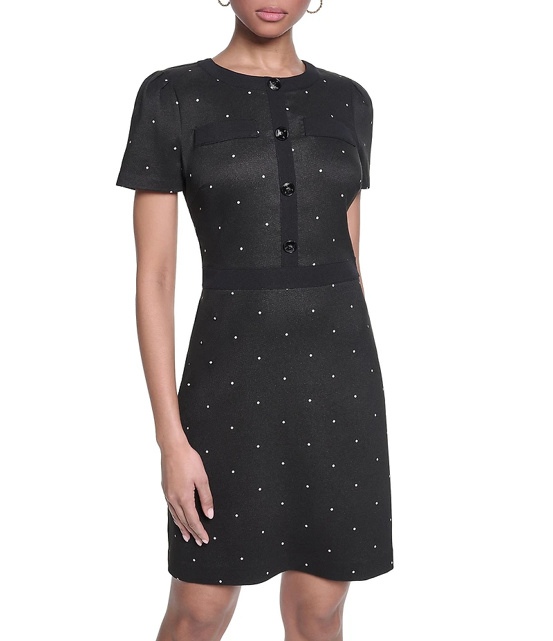 KARL LAGERFELD PARIS Short Sleeve Crew Neck Polka Dot Dress