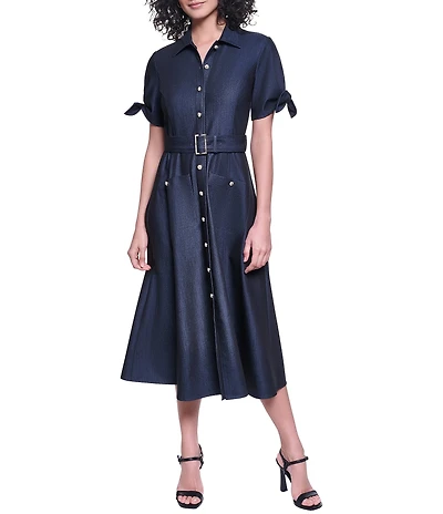 KARL LAGERFELD PARIS Short Sleeve Denim Midi Shirt Dress