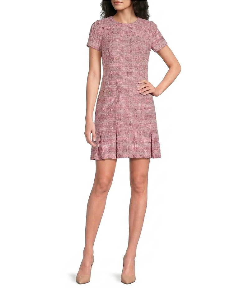 Karl Lagerfeld Paris Short Sleeve Pleated Hem Tweed Dress