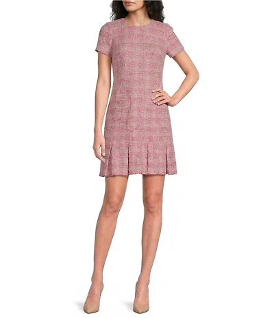 Karl Lagerfeld Paris Short Sleeve Pleated Hem Tweed Dress
