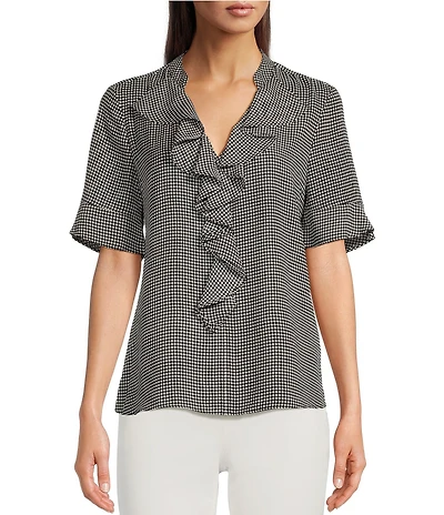 KARL LAGERFELD PARIS Short Sleeve Ruffle Front V-Neck Print Blouse