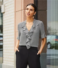 KARL LAGERFELD PARIS Short Sleeve Ruffle Front V-Neck Print Blouse