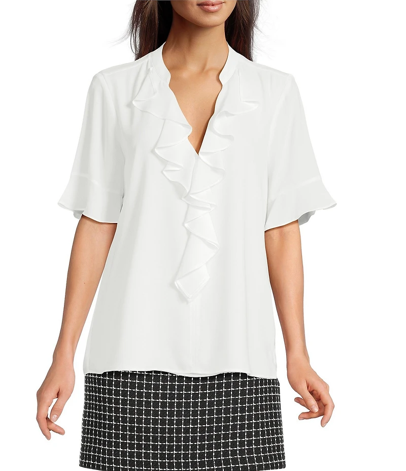 KARL LAGERFELD PARIS Short Sleeve Ruffle Front V-Neck Blouse