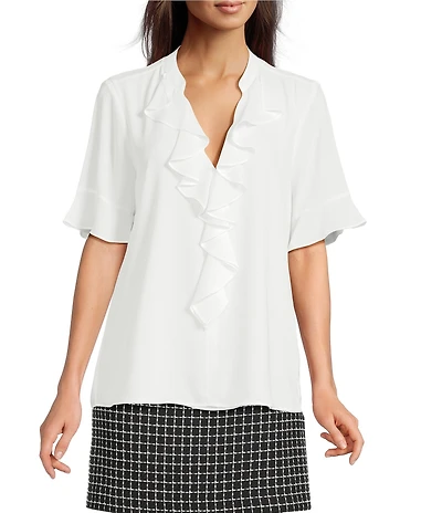 KARL LAGERFELD PARIS Short Sleeve Ruffle Front V-Neck Blouse