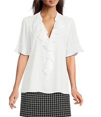 KARL LAGERFELD PARIS Short Sleeve Ruffle Front V-Neck Blouse