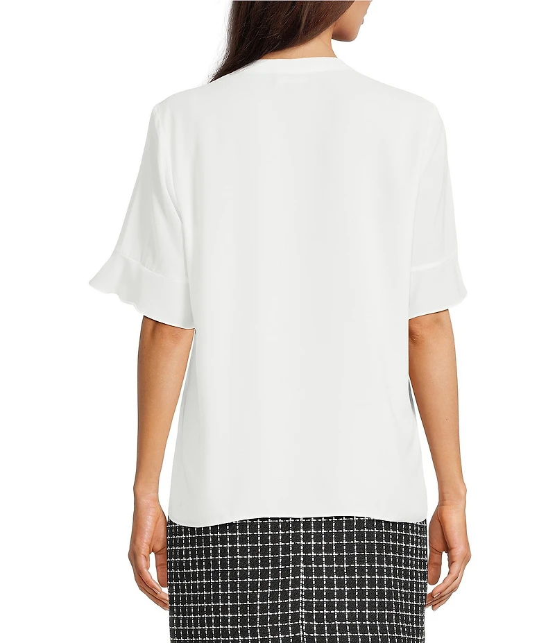 KARL LAGERFELD PARIS Short Sleeve Ruffle Front V-Neck Blouse
