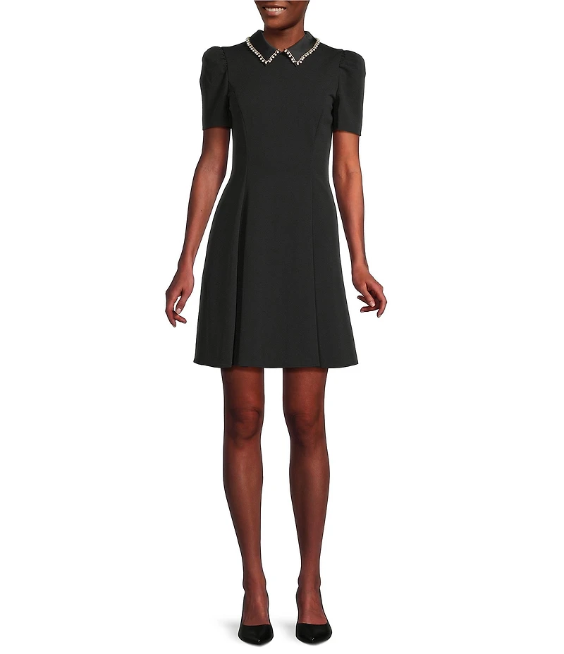 KARL LAGERFELD PARIS Short Sleeve Scuba Embellished Peter Pan Collar Fit and Flare Dress