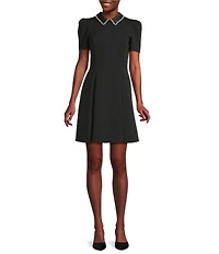 KARL LAGERFELD PARIS Short Sleeve Scuba Embellished Peter Pan Collar Fit and Flare Dress